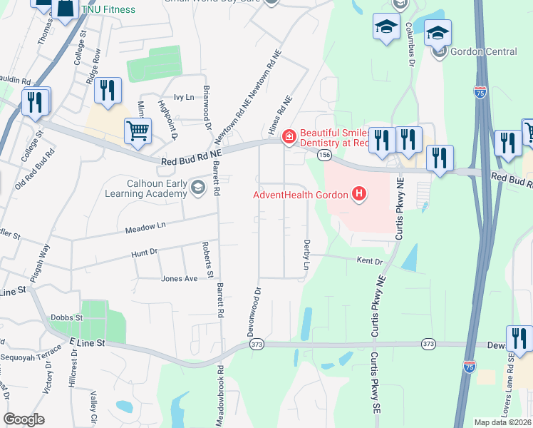 map of restaurants, bars, coffee shops, grocery stores, and more near 131 Devonwood Drive in Calhoun