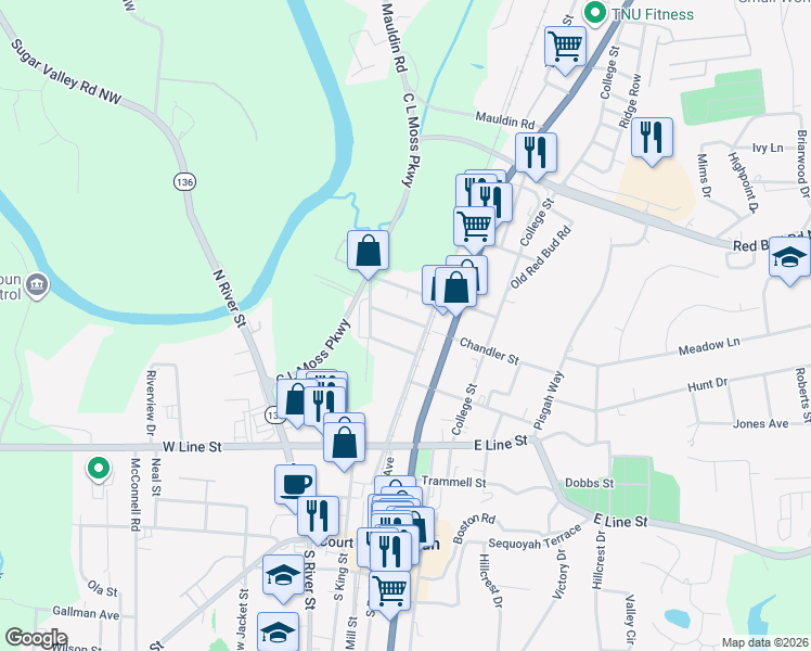 map of restaurants, bars, coffee shops, grocery stores, and more near 601 Harlan Street in Calhoun