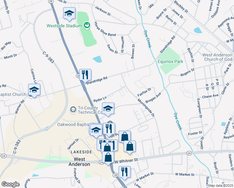 map of restaurants, bars, coffee shops, grocery stores, and more near 112 Ryder Lane in Anderson