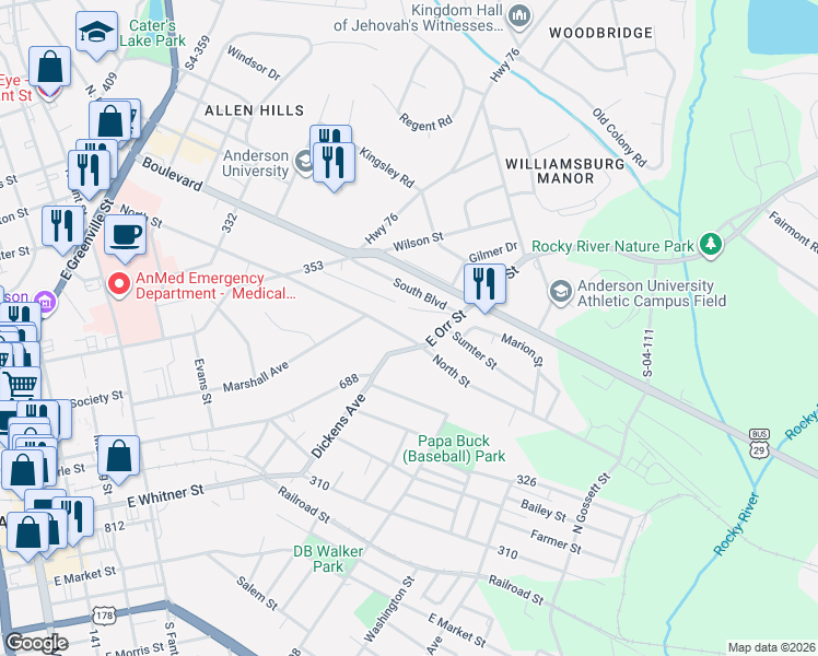 map of restaurants, bars, coffee shops, grocery stores, and more near 129 North Street in Anderson