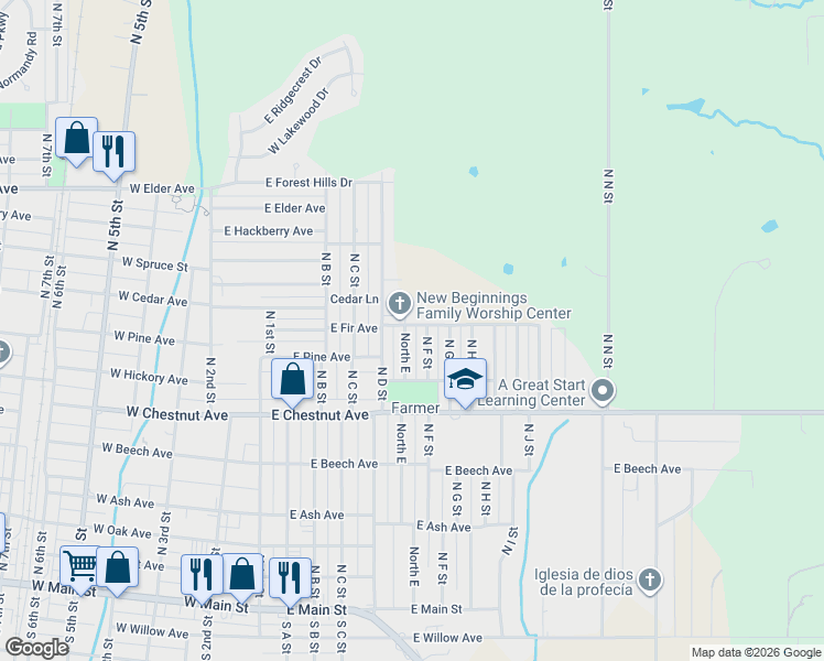map of restaurants, bars, coffee shops, grocery stores, and more near 610 North E Street in Duncan