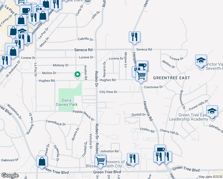 map of restaurants, bars, coffee shops, grocery stores, and more near 16195 City View Drive in Victorville