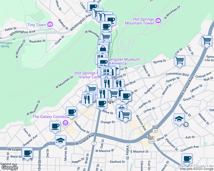 map of restaurants, bars, coffee shops, grocery stores, and more near 719 Central Avenue in Hot Springs