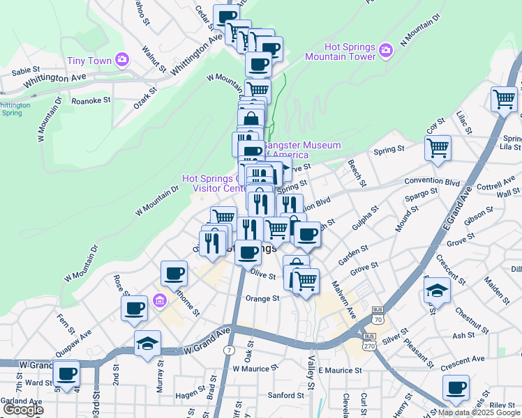 map of restaurants, bars, coffee shops, grocery stores, and more near 719 Central Avenue in Hot Springs