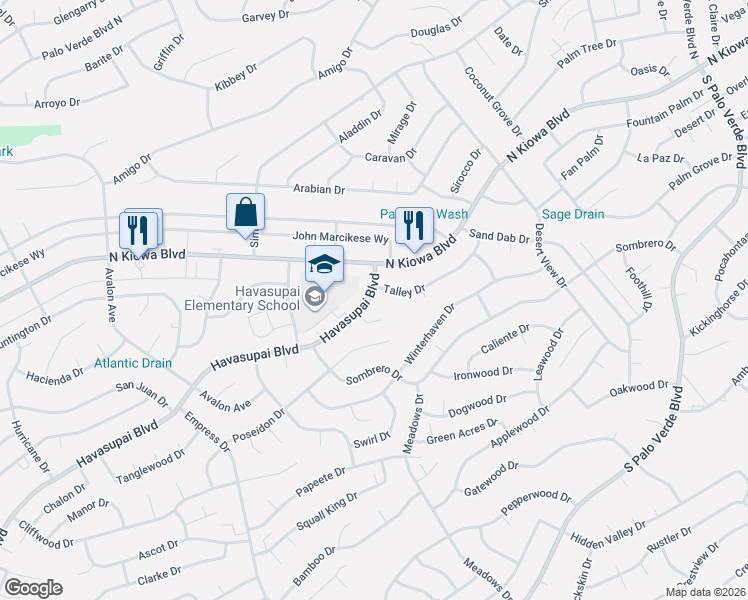 map of restaurants, bars, coffee shops, grocery stores, and more near 2930 Havasupai Boulevard in Lake Havasu City