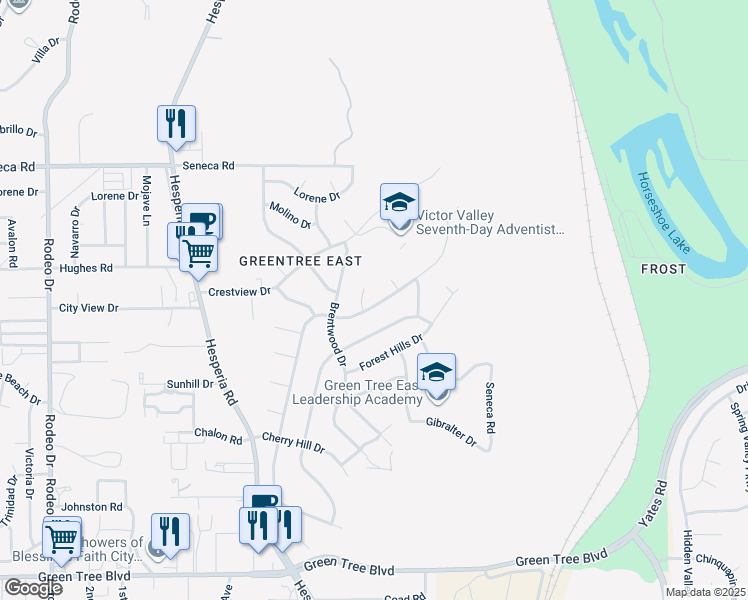 map of restaurants, bars, coffee shops, grocery stores, and more near 14318 Montecito Drive in Victorville