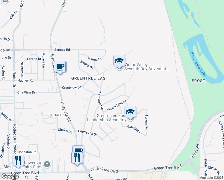 map of restaurants, bars, coffee shops, grocery stores, and more near 14318 Montecito Drive in Victorville