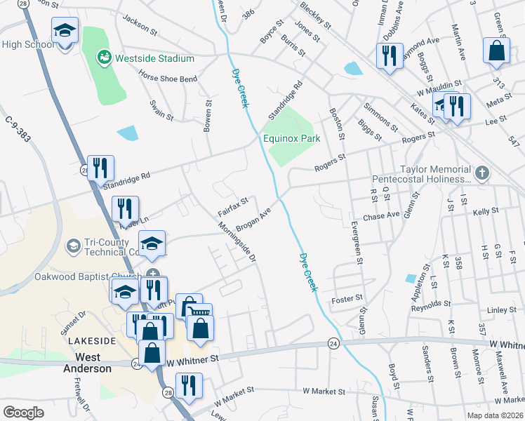 map of restaurants, bars, coffee shops, grocery stores, and more near 100 Westminster Avenue in Anderson