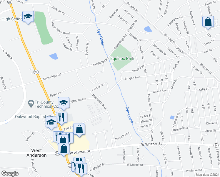 map of restaurants, bars, coffee shops, grocery stores, and more near 100 Westminster Avenue in Anderson