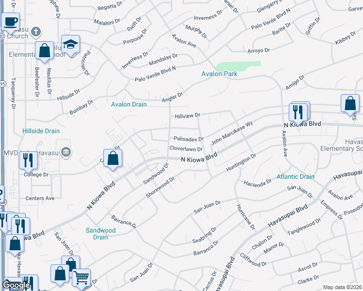 map of restaurants, bars, coffee shops, grocery stores, and more near 2391 Palisades Drive in Lake Havasu City