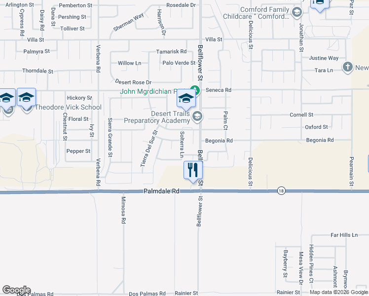map of restaurants, bars, coffee shops, grocery stores, and more near 14267 Solterra Lane in Adelanto