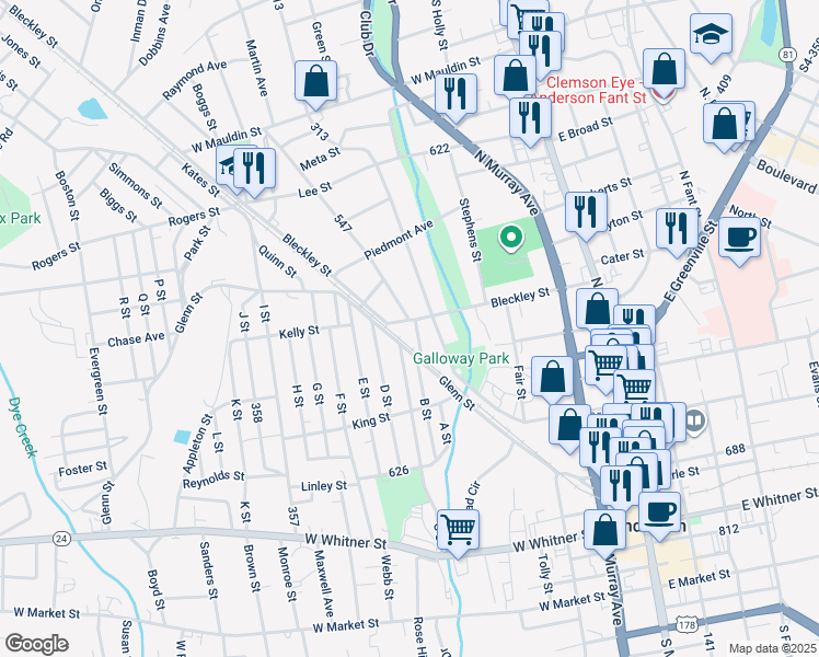 map of restaurants, bars, coffee shops, grocery stores, and more near 1003 Tribble Street in Anderson
