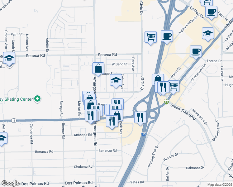 map of restaurants, bars, coffee shops, grocery stores, and more near Civic Drive in Victorville