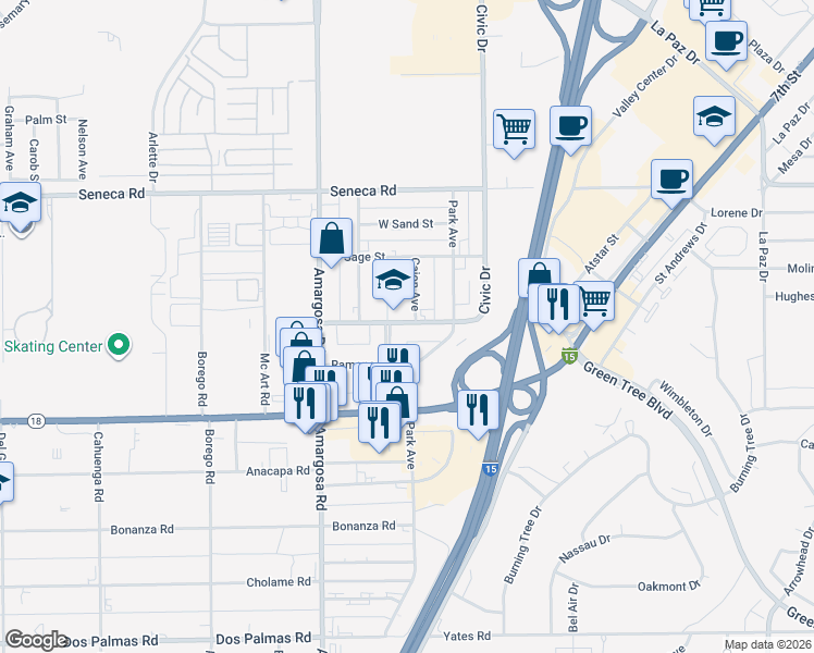 map of restaurants, bars, coffee shops, grocery stores, and more near Civic Drive in Victorville