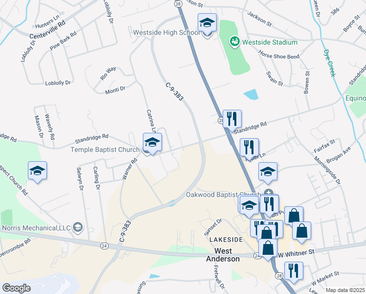 map of restaurants, bars, coffee shops, grocery stores, and more near 2698 Standridge Road in Anderson