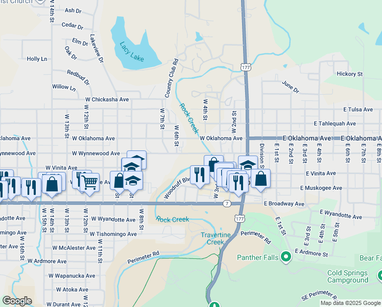 map of restaurants, bars, coffee shops, grocery stores, and more near 500 West Wynnewood Avenue in Sulphur