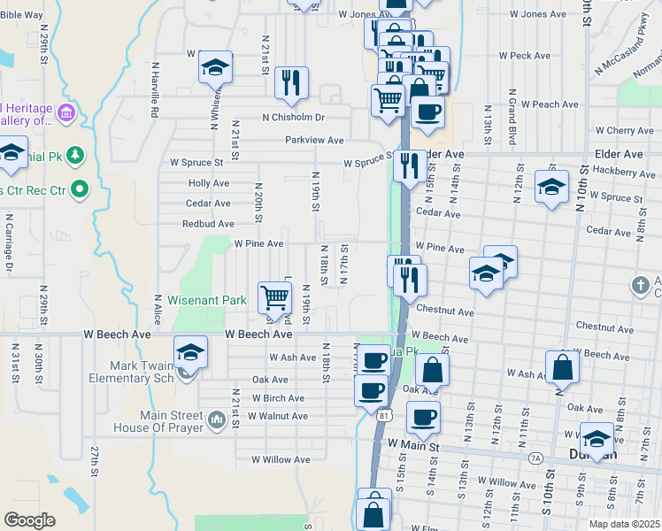 map of restaurants, bars, coffee shops, grocery stores, and more near 623 North 18th Street in Duncan