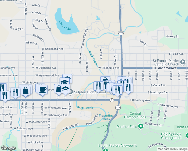 map of restaurants, bars, coffee shops, grocery stores, and more near 500 West Wynnewood Avenue in Sulphur