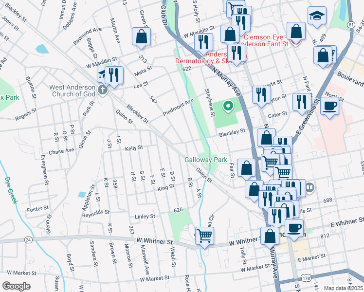 map of restaurants, bars, coffee shops, grocery stores, and more near 1003 Tribble Street in Anderson