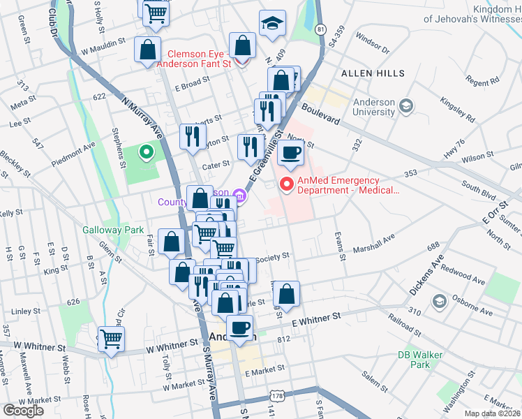 map of restaurants, bars, coffee shops, grocery stores, and more near 616 Bonham Court in Anderson