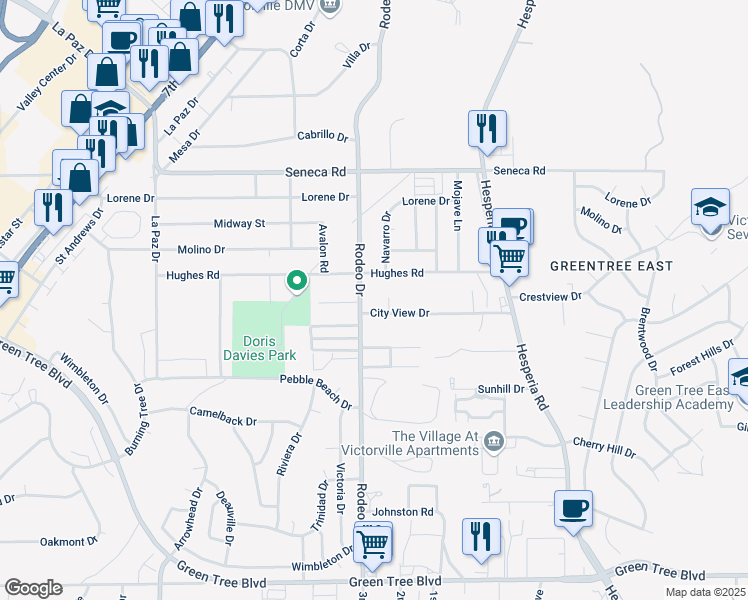 map of restaurants, bars, coffee shops, grocery stores, and more near 16541 Hughes Road in Victorville