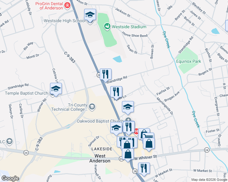 map of restaurants, bars, coffee shops, grocery stores, and more near 100-326 Crabapple Chase in Anderson
