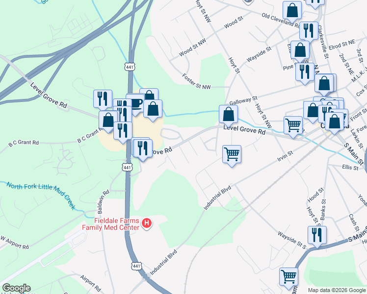 map of restaurants, bars, coffee shops, grocery stores, and more near 770 Level Grove Road in Cornelia