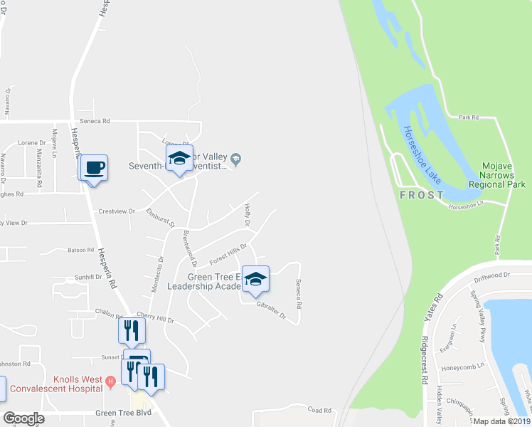 map of restaurants, bars, coffee shops, grocery stores, and more near 17346 Forest Hills Drive in Victorville