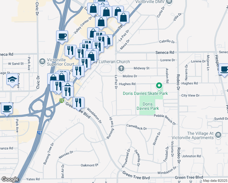 map of restaurants, bars, coffee shops, grocery stores, and more near 14256 La Paz Drive in Victorville