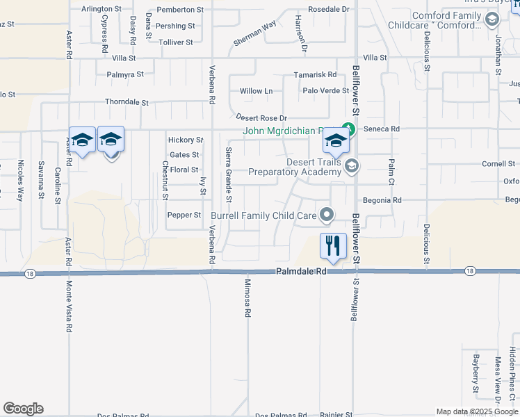 map of restaurants, bars, coffee shops, grocery stores, and more near 14187 Sun Valley Street in Adelanto