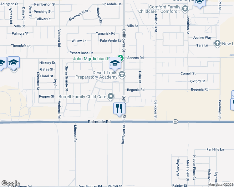 map of restaurants, bars, coffee shops, grocery stores, and more near 14286 Katie Drive in Adelanto