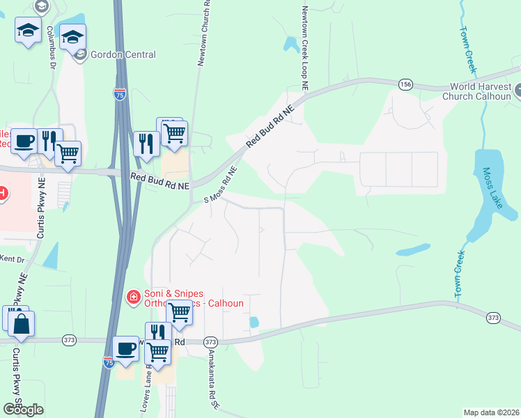 map of restaurants, bars, coffee shops, grocery stores, and more near 108 Shenandoah Drive Northeast in Calhoun