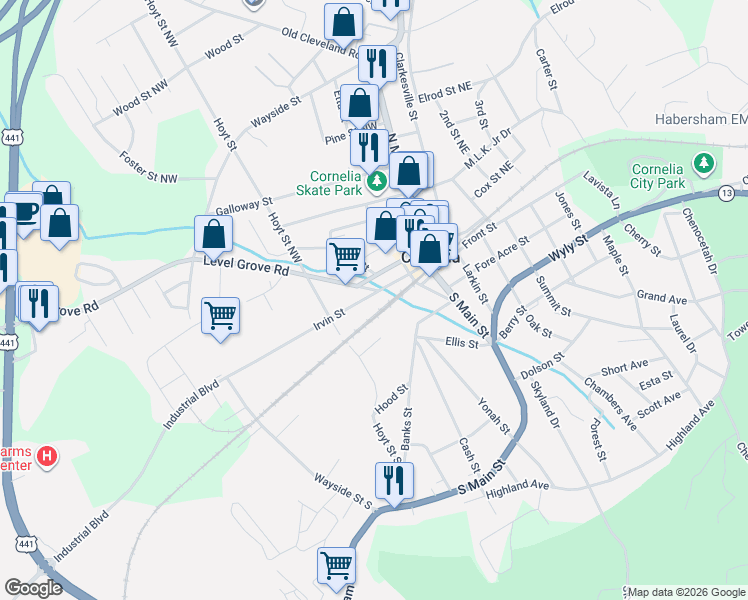 map of restaurants, bars, coffee shops, grocery stores, and more near 557 Irvin St in Cornelia