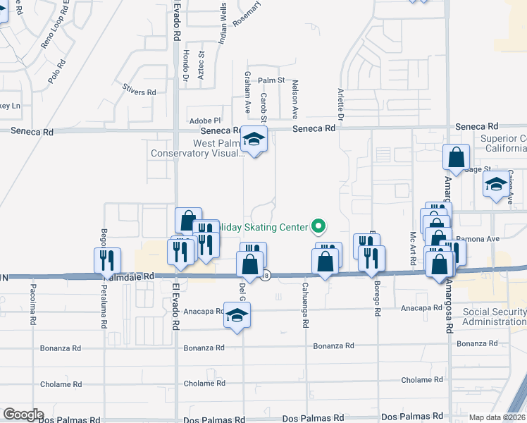 map of restaurants, bars, coffee shops, grocery stores, and more near 14779 Seneca Road in Victorville