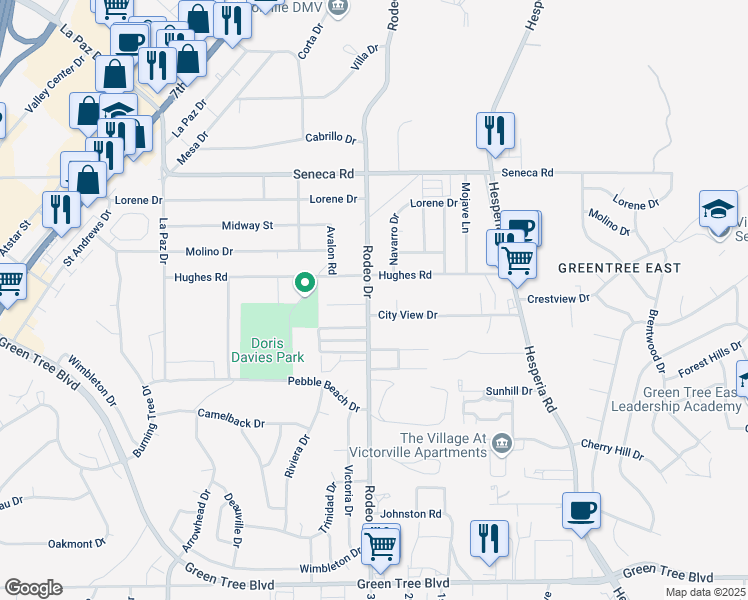map of restaurants, bars, coffee shops, grocery stores, and more near 14243 Rodeo Drive in Victorville