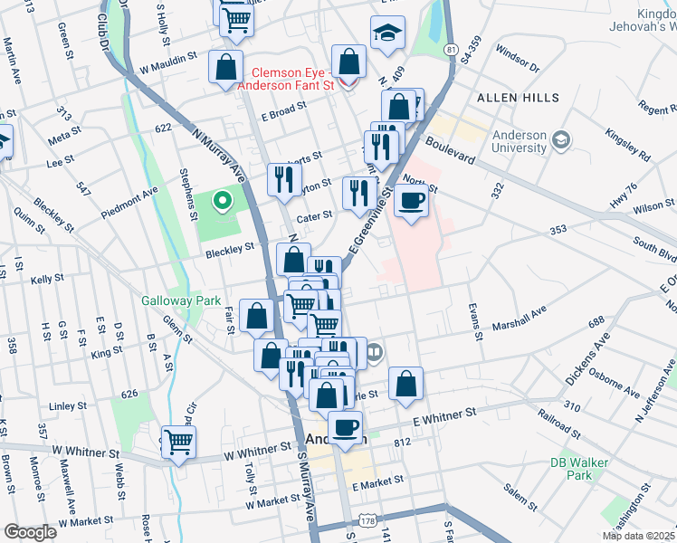 map of restaurants, bars, coffee shops, grocery stores, and more near in Anderson