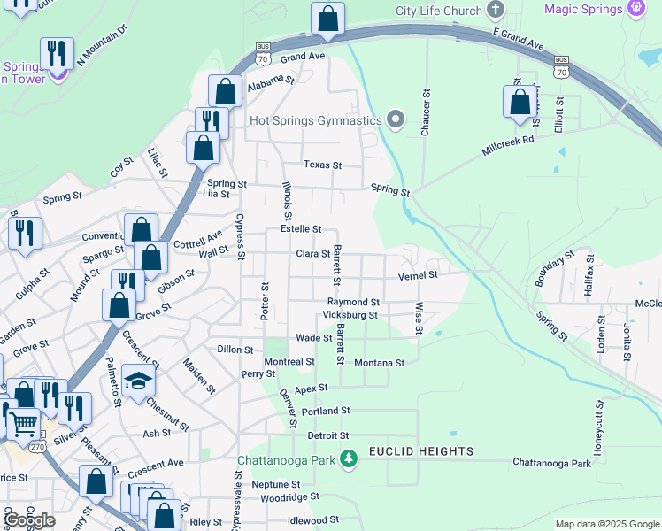 map of restaurants, bars, coffee shops, grocery stores, and more near 200 Clara Street in Hot Springs