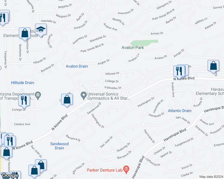 map of restaurants, bars, coffee shops, grocery stores, and more near 2380 Palisades Drive in Lake Havasu City