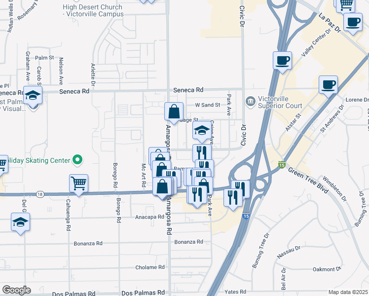 map of restaurants, bars, coffee shops, grocery stores, and more near 12792 Amargosa Road in Victorville