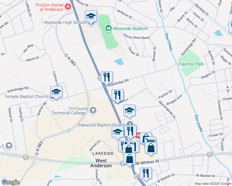 map of restaurants, bars, coffee shops, grocery stores, and more near 100-326 Crabapple Chase in Anderson