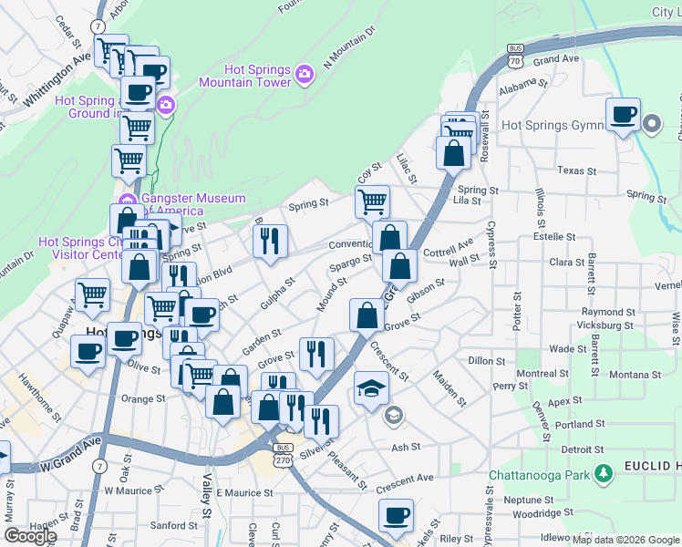 map of restaurants, bars, coffee shops, grocery stores, and more near 203 Spargo Street in Hot Springs