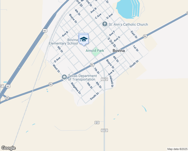 map of restaurants, bars, coffee shops, grocery stores, and more near 801-811 8th Street in Bovina