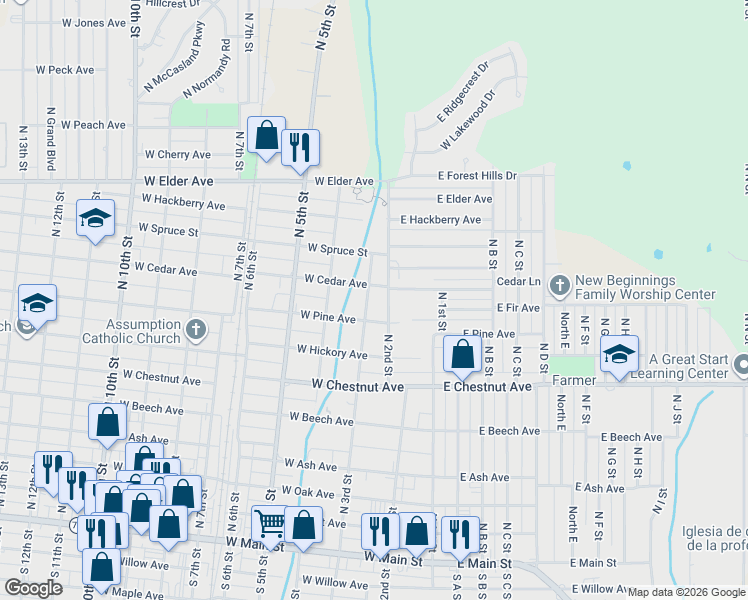 map of restaurants, bars, coffee shops, grocery stores, and more near 304 West Cedar Avenue in Duncan