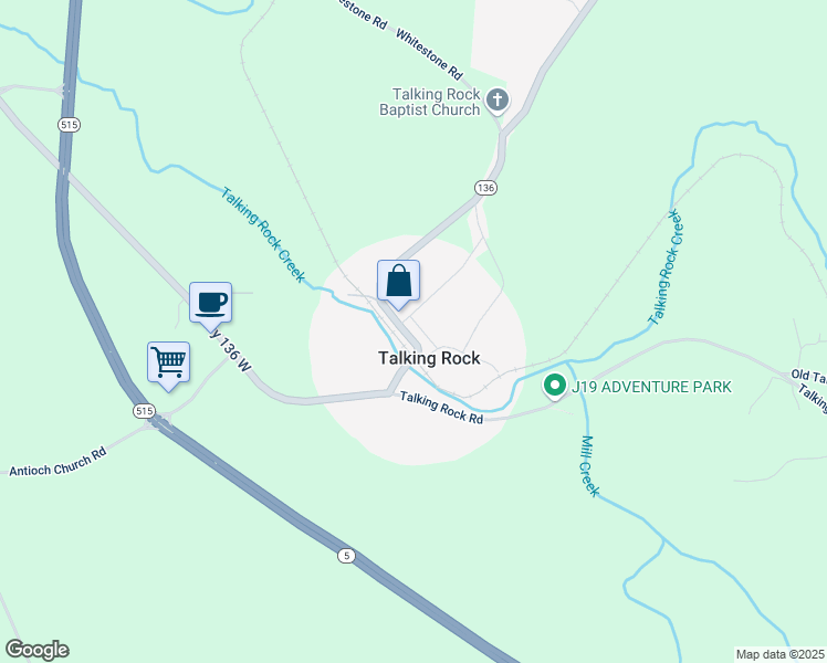 map of restaurants, bars, coffee shops, grocery stores, and more near 4551 Highway 136 West in Talking Rock