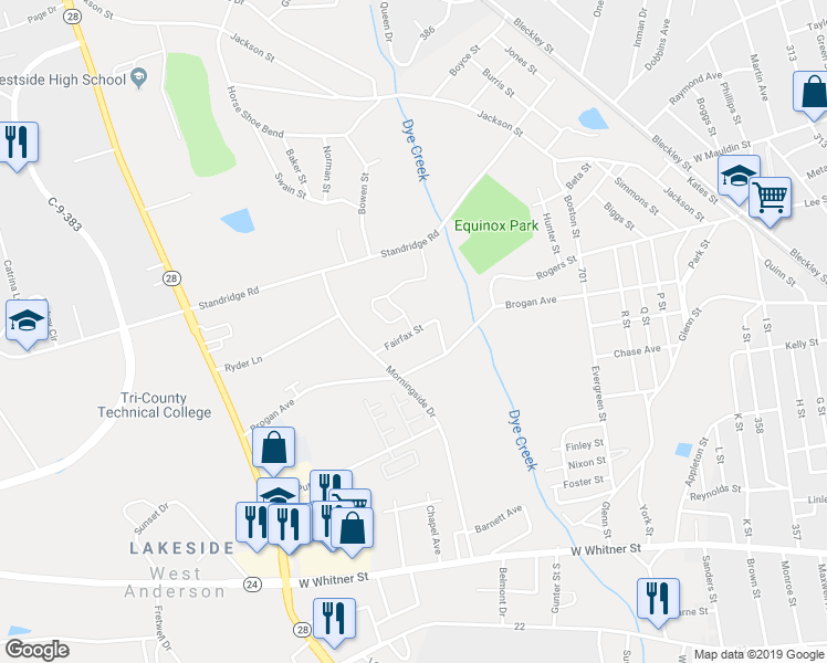 map of restaurants, bars, coffee shops, grocery stores, and more near 304 Fairfax Street in Anderson