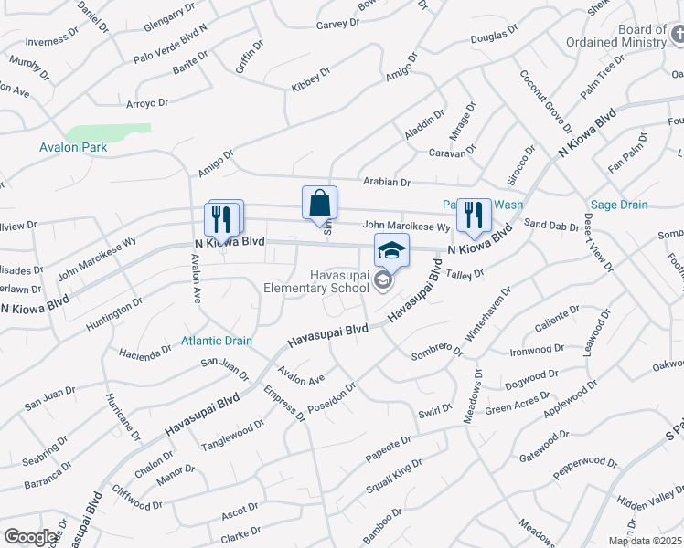 map of restaurants, bars, coffee shops, grocery stores, and more near 2835 Barbara Drive in Lake Havasu City