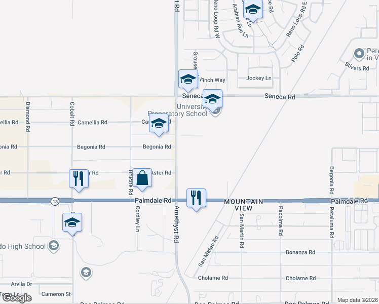 map of restaurants, bars, coffee shops, grocery stores, and more near 14317 Amethyst Road in Victorville