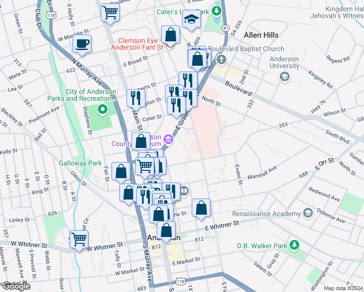 map of restaurants, bars, coffee shops, grocery stores, and more near 616 Bonham Court in Anderson