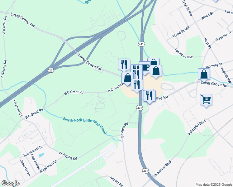 map of restaurants, bars, coffee shops, grocery stores, and more near 4478 B C Grant Road in Cornelia