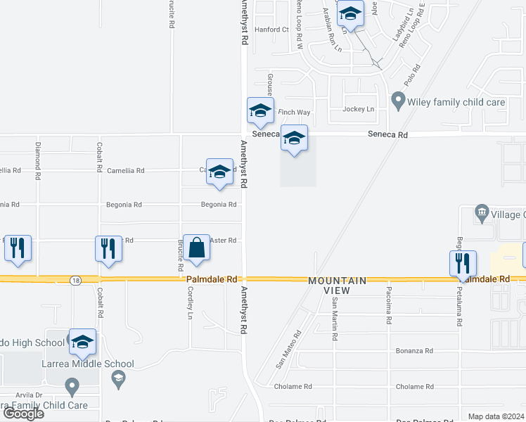map of restaurants, bars, coffee shops, grocery stores, and more near 14321 Amethyst Road in Victorville